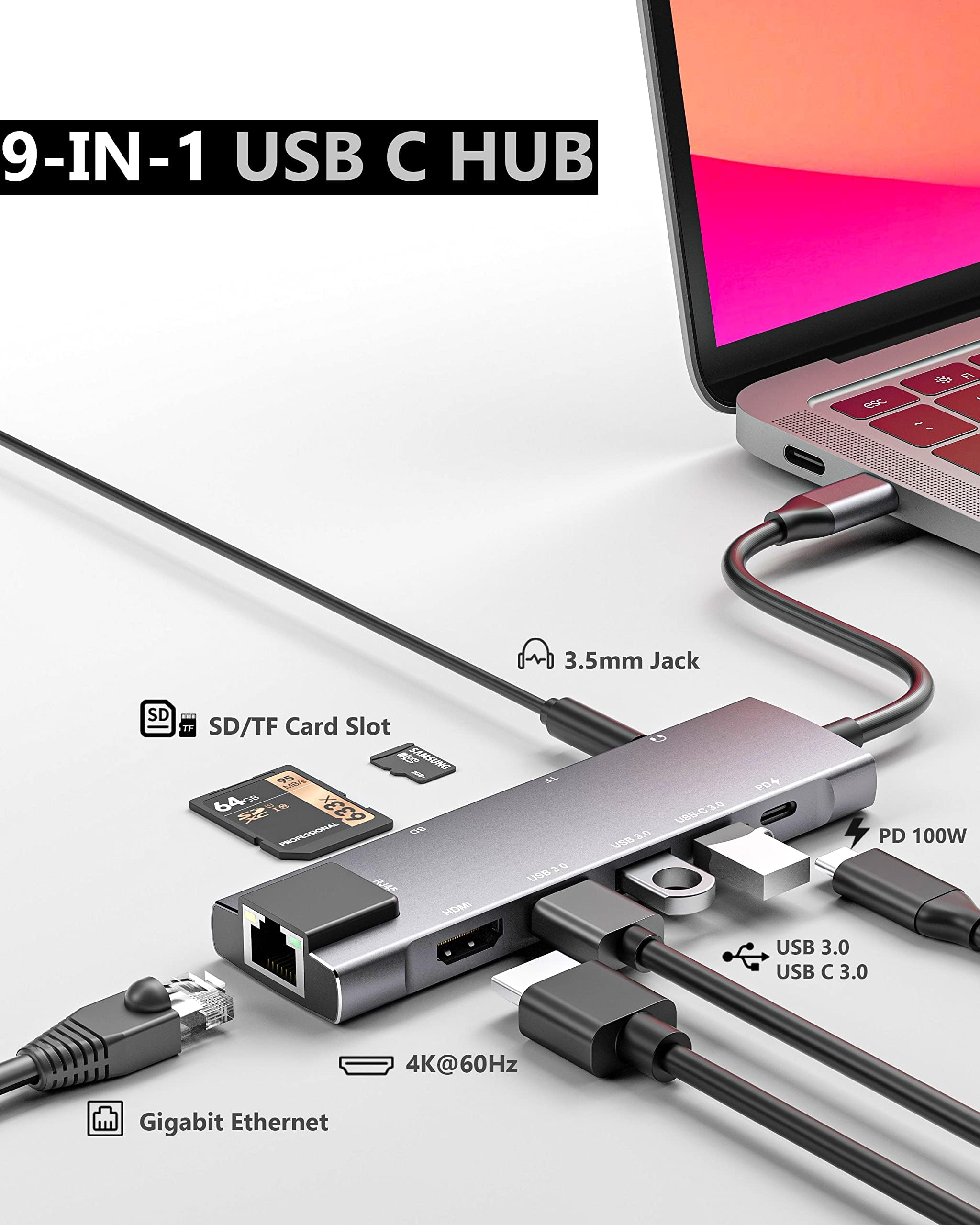 Amazon.com: USB C Hub 9 in 1 Multiport Adapter w/Gigabit Ethernet